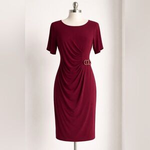 JH Women’s Cocktail Dress Short Sleeve Cinched at Waist Wine 14P NWT
